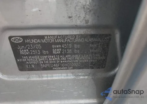 2006 Hyundai Sonata Gls V6/Lx V6 z USA, uszkodzony, nr VIN 5NPEU46F16H010920